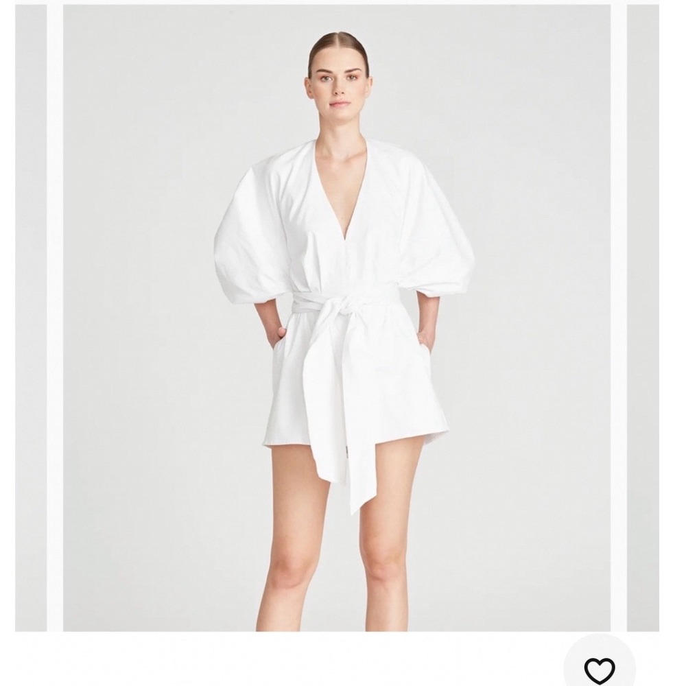 AMUR White Cotton Balloon Sleeve V-Neck Tie Waist Romper 5847630 Size 4 NEW